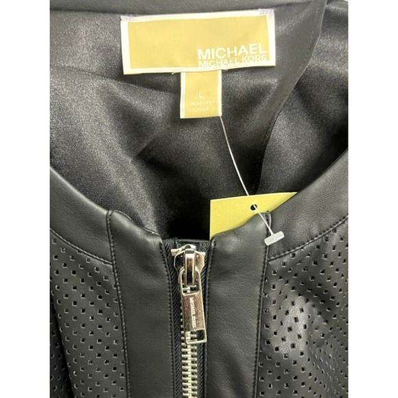 Michael Kors Women Black Faux Leather Bomber Perforated Jacket Sz Large NWT $195 - Picture 4 of 13